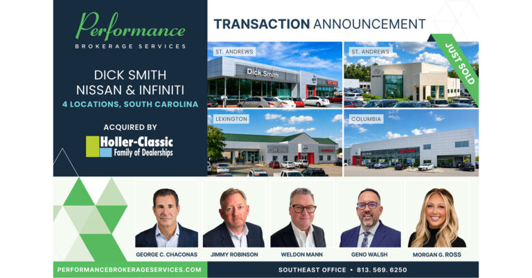 Performance Brokerage Services Advises on the Sale of 3 Dick Smith Nissan dealerships and Dick Smith INFINITI in South Carolina from Dick Smith Automotive Group to Holler-Classic Automotive