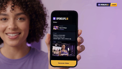 Any ad can be created by OpenClips from a single product link, with no prompt, script or shot list written by the user. This ad was also made with OpenClips