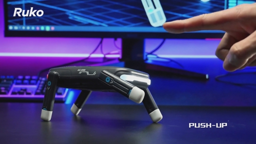 R1 is a compact, agile, and creatively designed interactive robot dog featuring self-righting recovery, 4-Ways stunt flips, remote and gesture watch control, and programmable actions. 